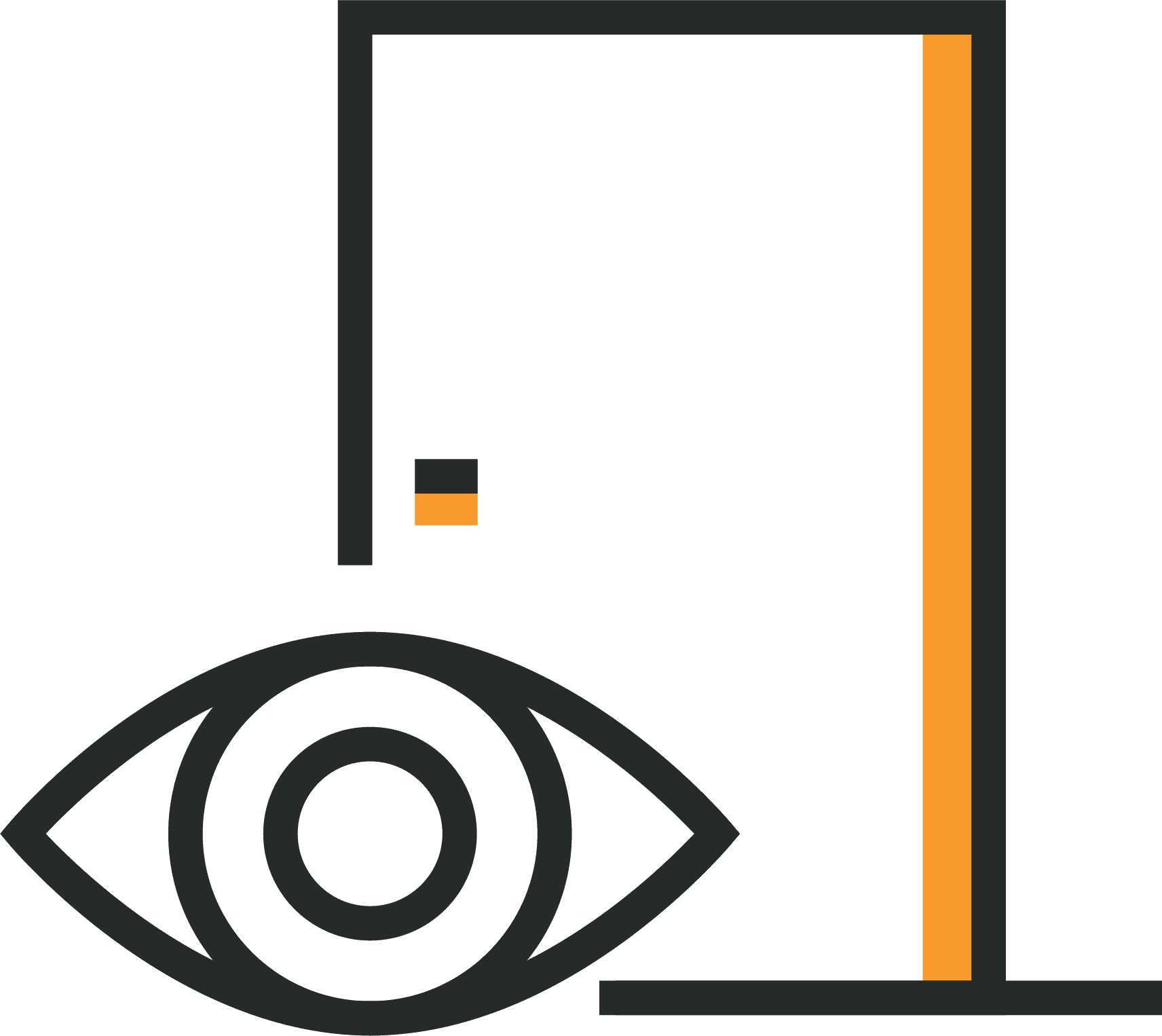 An icon showing an eye next to an open door with a golden vertical line on the edge. The design is minimalist, using simple black lines for the door and eye, suggesting the concept of visibility or surveillance.